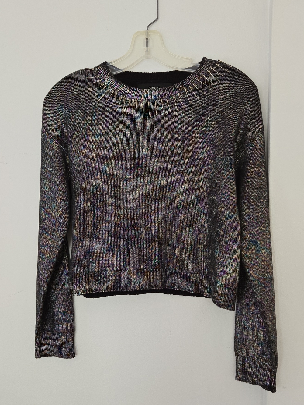 Forever 21 Iridescent Black Metallic Crewneck Sweater with Embellished Neckline